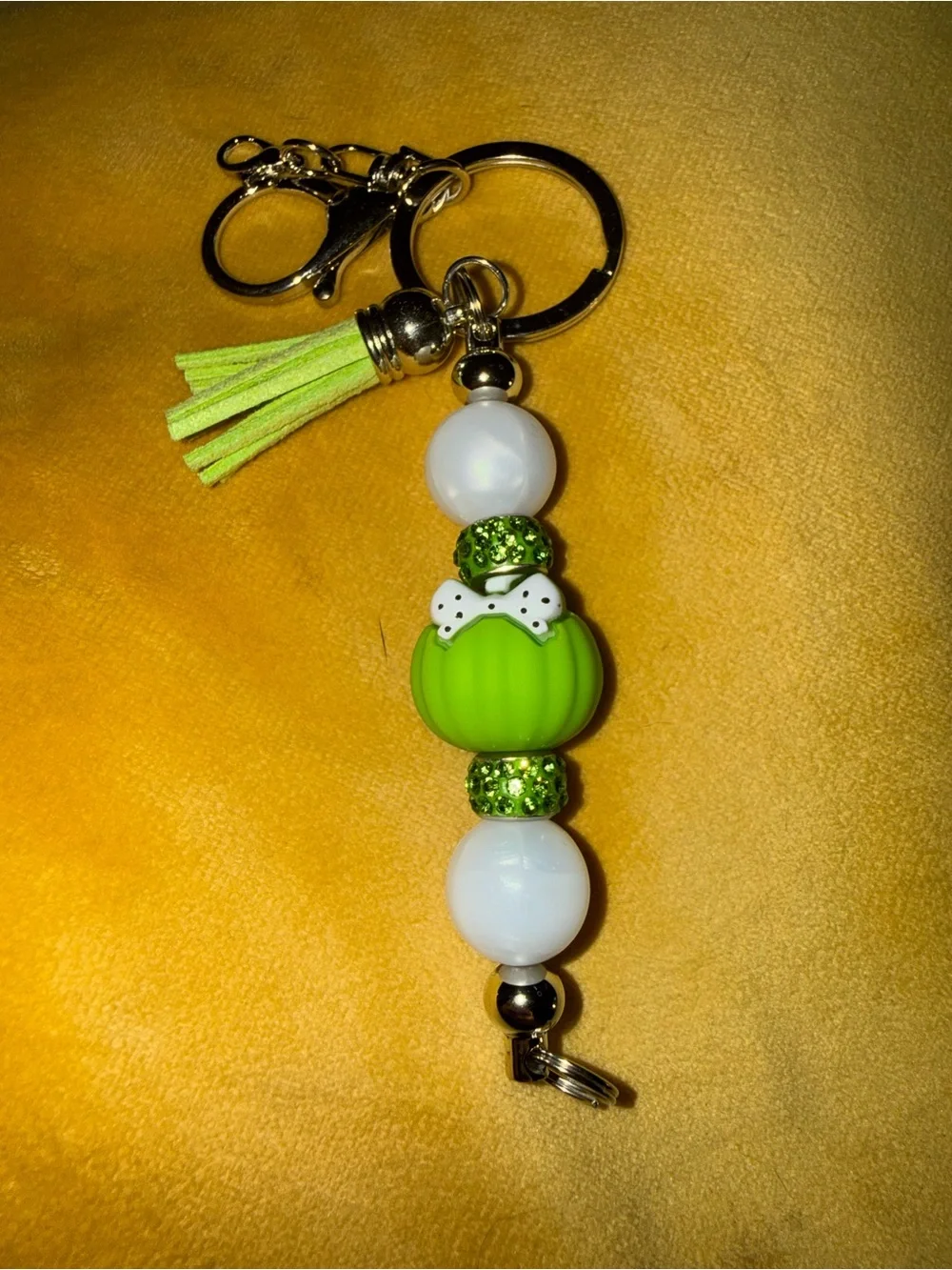 Green Pumpkin Beaded Tassel Keychain with Bow Accent - Handmade